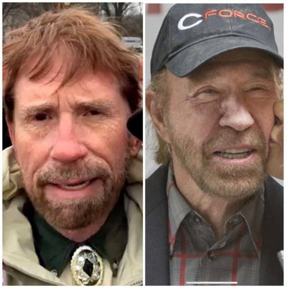 지난 6일(현지시간) 미국 워싱턴DC 연방의회 의사당 난입 사건 발생 전 도널드 트럼프 대통령 지지자들의 집회에 등장한 영화배우 척 노리스와 닮은 시민의 모습(왼쪽). 오른쪽은 척 노리스.사진=트위터 캡처