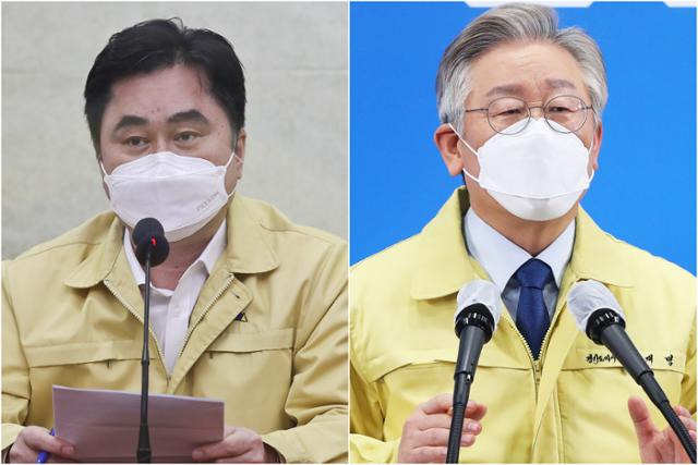 김종민(왼쪽) 민주당 최고위원이 13일 국회에서 열린 최고위원회의에서 발언하고 있다. 이재명 경기지사가 21일 오후 경기도청에서 코로나19 3차 대유행 확산 방지를 위한 긴급방역 대책을 발표하고 있다.공동취재사진·뉴스1