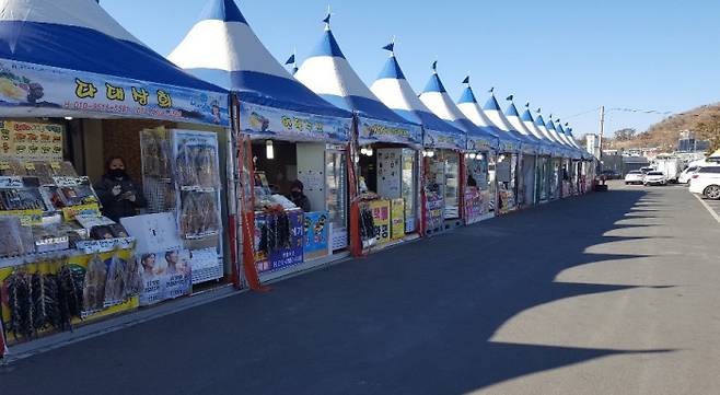 지난 9일 경북 포항시 구룡포항 과메기 상설판매장에 손님들의 발길이 끊기면서 썰렁한 모습이다.