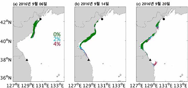 해양부유물 이동확산 모형 시뮬레이션 결과.[KIOST 제공]