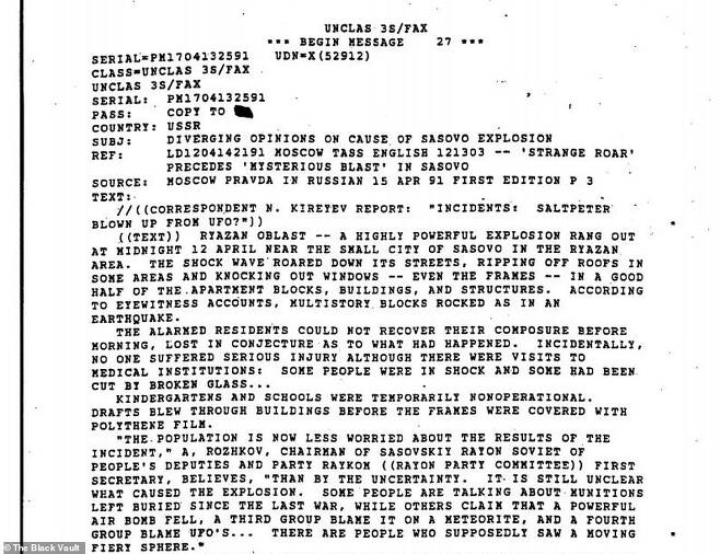 블랙볼트 데이터베이스에 등록된 CIA 기밀해제 문서 700여 건 중에는 CIA 관계자들이 UFO가 러시아의 작은 마을에서 발생한 ‘수수께끼의 폭발’ 배후일 가능성에 대해 논의하는 내용이 담긴 보고서가 있다.(사진=블랙볼트)