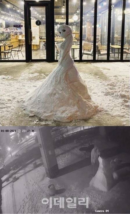대전 한 카페에 있는 ‘엘사 눈사람’(위)과 지난 9일 해당 카페 점주가 자신의 SNS에 공개한 한 남성이 눈사람을 부수는 CCTV 화면(사진=인스타그램 캡처)