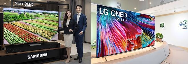 ‘CES 2021’에서 선보인 삼성전자의 ‘Neo QLED’ TV와 LG전자의 ‘LG QNED’ TV. 각사 제공