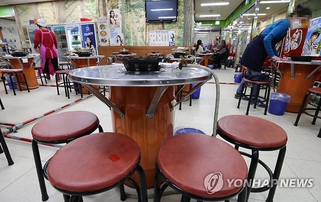 '5인 이상 사적모임' 금지 전국 확대 정부는 코로나19 환자 증가세를 꺾기 위해 수도권에만 적용했던 '5인 이상 사적모임' 금지를 4일부터 전국으로 확대했다. 사진은 4일 서울시 종로구 한 음식점 모습. [연합뉴스 자료사진]