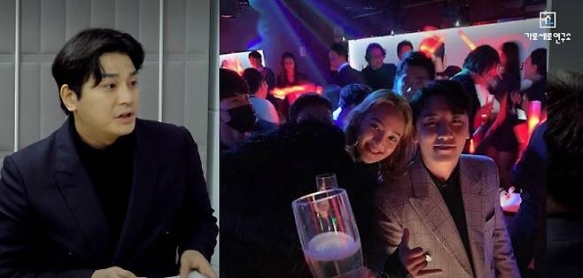 김상교씨(왼쪽), 승리와 함께 클럽 ‘버닝썬’에서 사진을 찍은 소녀시대 효연 (사진=유튜브 채널 ‘가로세로연구소’ 방송 캡처)