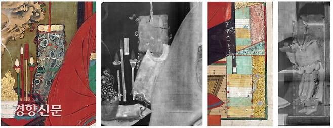 X선 촬영한 결과, 좌우 동자승의 덧칠부분이 확연히 드러난다. 후대 누군가가 두 동자승이 그려진 곳 위를 덧칠해서 책과 붓받침을 그려놓았다. |최현욱·곽홍인·신용비의 논문에서