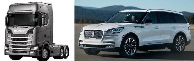 (왼쪽부터) 이번에 제작결함이 발견돼 시정조치(리콜)에 들어가는 스카니아 트랙터, 링컨 에비에이터 [사진 = 국토교통부]