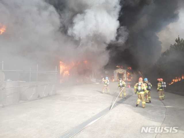 [강릉=뉴시스]김동현 기자 = 15일 낮 12시 5분께 강원 강릉시 박월동 단열재 제조공장에서 화재가 발생해 소방당국이 진화에 나서고 있다. 2021.01.15. (사진=강원도소방본부 제공) photo@newsis.com