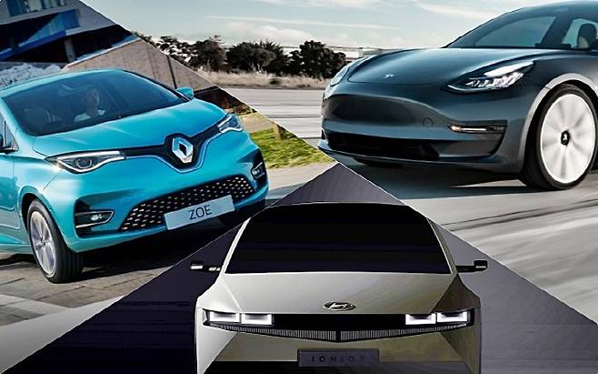 테슬라 모델3, 르노 조에, 현대 아이오닉5가 전기차 패권을 두고 한 판 승부를 펼친다 [사진 출처=르노삼성, 현대차, 테슬라]