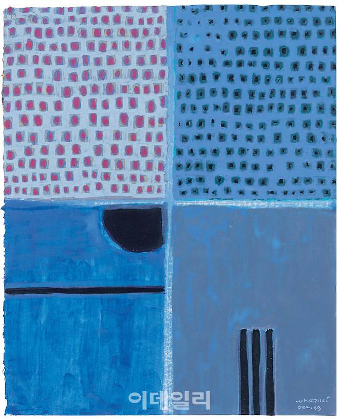 김환기의 ‘Ⅶ-69’(1969). 종이에 그린 유화 작품으로 전면점화 ‘22-Ⅹ-73 ＃325’와 함께 20일 여는 케이옥션 ‘1월 경매’에 추정가 1억 5000만∼3억원을 달고 나선다. 십자구도로 분할한 화면의 상단에는 각기 다른 색의 점을 채웠고 하단에는 비교적 자유로운 선과 도형을 배치했다(사진=케이옥션).