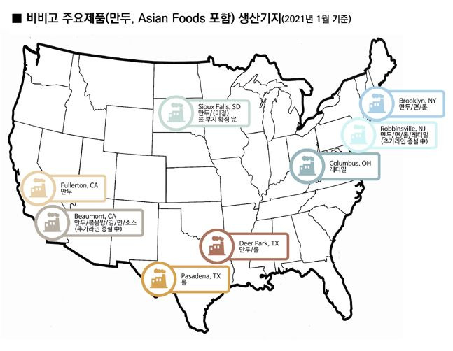 미국 내 비비고 주요 제품 생산기지 현황.ⓒCJ제일제당