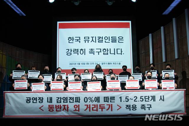 [서울=뉴시스]한국뮤지컬계가 19일 '생존을 위한 호소문' 발표를 위해 서울 용산구 블루스퀘어 앞에 모여있는 모습(사진=한국뮤지컬협회 제공)2021.01.19 photo@newsis.com