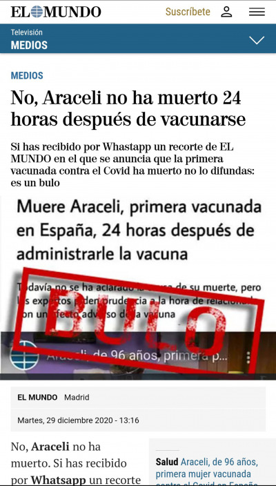 ⓒ 엘 문도 웹페이지지난 12월29일 스페인 일간지 <엘문도>는 자사 보도로 알려진 ‘백신 접종자 24시간 뒤 사망’ 기사가 가짜라고 밝혔다.