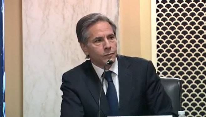 토니 블링컨 미국 신임 국무장관 지명자가 19일(현지시간) 상원 인준청문회에서 발언하고 있다. (출처=CNBC 라이브 캡처)