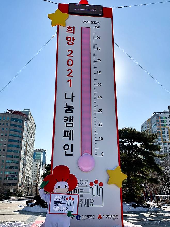 인천 사회복지공동모급회 주관 사랑의 온도탑이 100도를 돌파했다./인천사회복지공동모금회