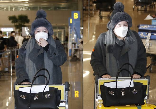 방송인 에이미가 20일 인천국제공항을 통해 중국 광저우에서 입국하고 있다./사진제공=뉴스1