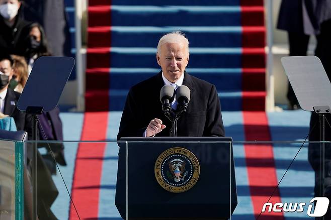 조 바이든 미국 대통령이 20일(현지시간) 취임식에서 연설을 하고 있는 모습. © 로이터=뉴스1 © News1 박재우 기자