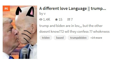 웹소설 플랫폼 왓패드에 업로드 된 트럼프와 바이든 간의 동성애를 주제로 한 웹소설/왓패드 홈페이지