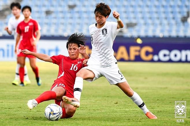 2019년 AFC U-19 여자 챔피언십 북한전에 출전한 조미진(오른쪽) [대한축구협회 제공. 재판매 및 DB 금지]