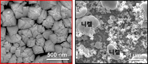 새로 개발된 신개념 연료극(왼쪽)에서는 수나노미터 수준의 작은 니켈 촉매가 산화물 사이에 고르게 분포해 산화-환원 과정 반복에도 구조가 그대로 유지되지만, 니켈이 40% 사용된 기존 연료극(오른쪽)은 산화-환원 과정이 반복된 뒤 니켈이 뭉치면서 연료극 자체가 파괴되는 현상을 보인다. [한국과학기술연구원 제공. 재판매 및 DB 금지]