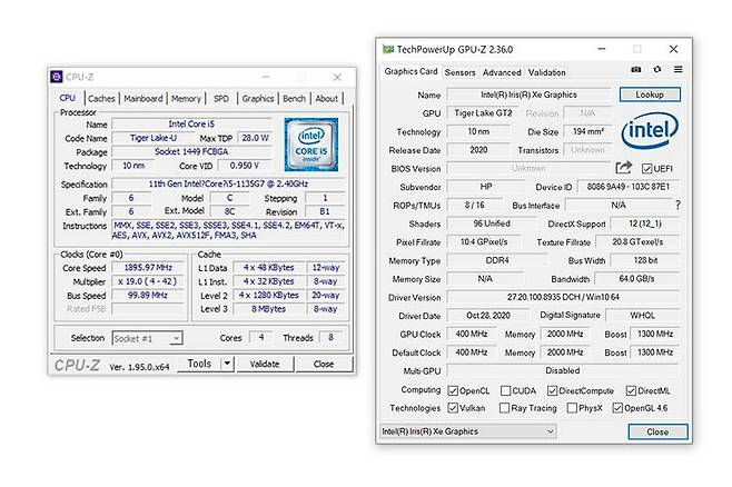 HP 프로북 450 G8의 CPU-Z(좌) 및 GPU-Z(우) 정보. 출처=IT동아