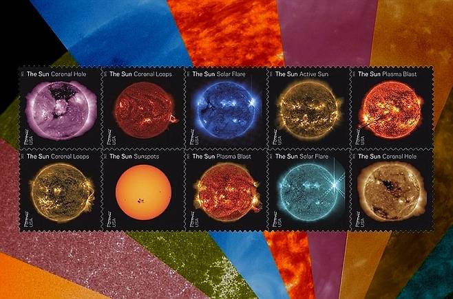 곧 발행될 ‘태양 과학’ 우표 세트.  태양 활동의 특징을 보여주는여러 이미지를 다양한 파장으로 잡아내 강렬한 색상으로 태양을 묘사하고 있다