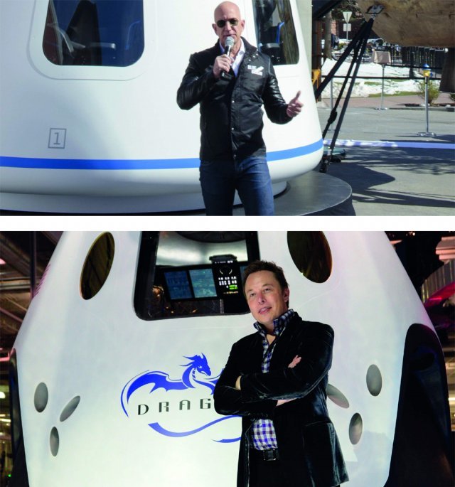 창업을 통해 부를 거머쥔 억만장자들이 우주를 향해 달려가고 있다. 뉴 셰퍼드 우주비행 시스템을 설명하고 있는 아마존 창업자 제프 베이조스, 우주택시로 사용될 드래건2 앞에서 포즈를 취한 테슬라의 일론 머스크(왼쪽부터). 쌤앤파커스 제공