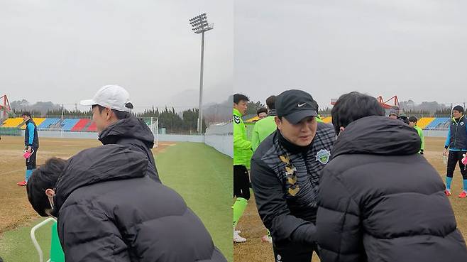 이운재 코치에게 '폴더 인사' 하는 박지성 위원 (사진=전북 현대 제공 영상 캡처)