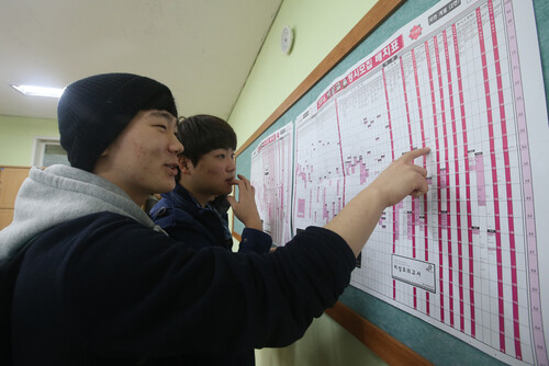서울의 한 고등학교 3학년 학생들이 배치표를 보며 이야기하고 있다. br신소영 기자 viator@hani.co.kr