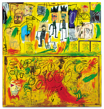 Untitled (Yellow Tar and Feathers), 1982, Acrylic, oil stick, c r a y o n, p a p e r collage, and feathers on joined wood panels, 245.1×229.2cm
