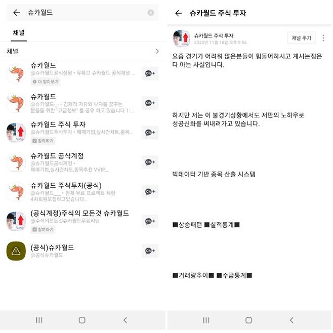 구독자 116만명을 보유한 유튜브 채널 '슈카월드'를 사칭한 카카오톡 채널. 유튜버의 얼굴까지 도용해 프로필 사진으로 버젓이 쓰고 있다. [카카오톡 채널 캡처]