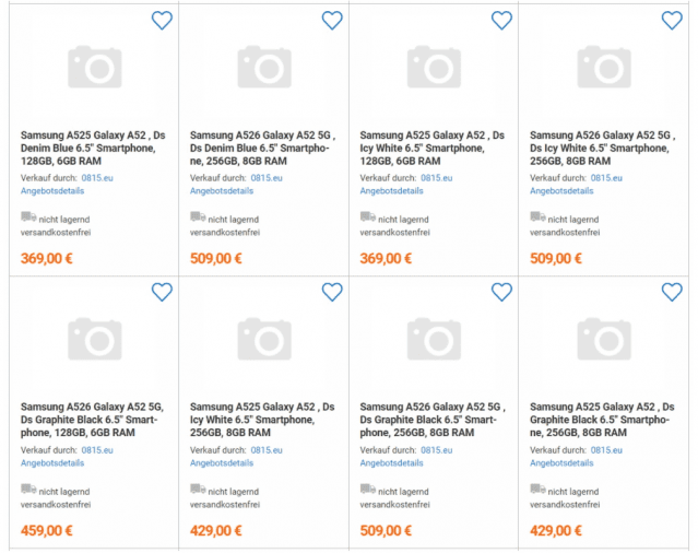 독일 가격 비교 사이트 이데알로에 유출된 삼성 갤럭시A52 가격. (사진=갤럭시클럽)