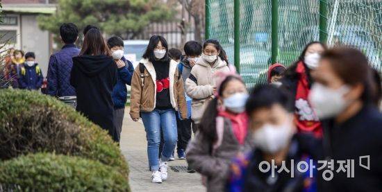 수도권 지역에 미세먼지 비상저검조치가 엿새째 이어지고 있는 6일 서울 여의도초등학교에서 어린이들이 마스크를 착용한채 등교하고 있다./강진형 기자aymsdream@