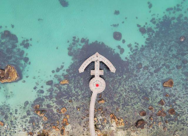 포항 청하면 바닷가의 이가리닻 전망대. 바다로 헤엄치는 듯한 덱이 공중에서 보면 닻 모양이다.