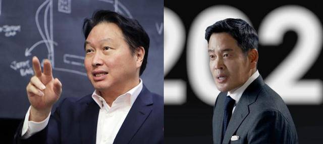 최태원(왼쪽) SK그룹 회장과 정용진 신세계그룹 부회장.