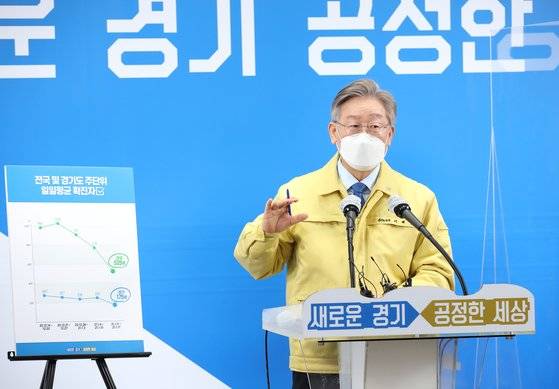 20일 오전 경기도청 브리핑실에서 열린 제2차 경기도 재난기본소득 관련 기자회견에서 이재명 경기도지사가 기자회견문을 발표하고있다. 경기도