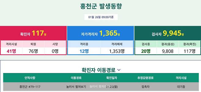 홍천군 인터넷 홈페이지 코로나19 발생 현황 캡처 화면.