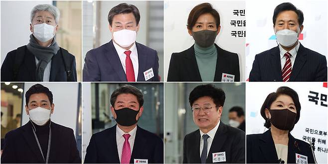 국민의힘이 26일 확정한 4·7 서울시장 보궐선거 예비경선 진출자. 왼쪽 위부터 시계 방향으로 김근식 경남대 교수, 김선동 전 사무총장, 나경원 전 의원, 오세훈 전 서울시장, 조은희 서울 서초구청장, 이종구 전 의원, 이승현 한국외국기업협회 명예회장, 오신환 전 의원. 연합뉴스