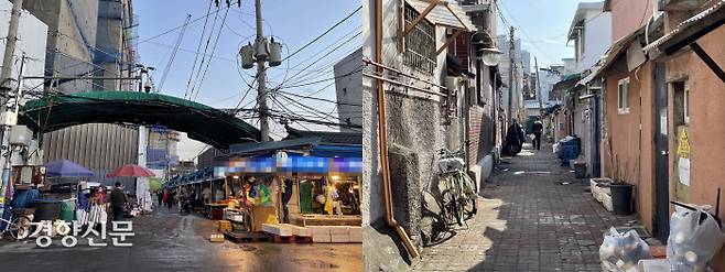 정부가 공공재개발 지역을 선정하면서 해당 지역에 오랜 시간 터를 잡고 살아온 상인과 주민들은 보상을 제대로 받을 수 있을지, 공사가 시작되면 살 집은 구할 수 있을지 걱정하고 있다. 지난 25일 공공재개발 후보지로 선정된 서울 동대문구 용두1-6구역에 속한 청량리 수산시장 주변과 신설1구역 주택가 골목(오른쪽)이 한산하다. 김희진 기자