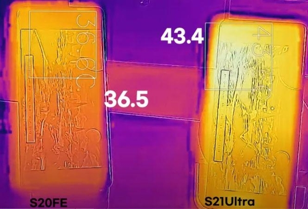 IT 유튜버 ‘가전주부’가 열화상 카메라로 테스트한 ‘갤럭시S20’(왼쪽)과 ‘갤럭시S21 울트라’. 유튜브 캡처