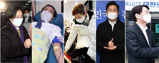 4ㆍ7 서울시장 보궐선거 출마를 선언한 여야 후보들이 28일 서울 각지를 방문한 모습. 왼쪽 사진부터 박영선 전 중소벤처기업부 장관, 우상호 더불어민주당 의원, 나경원 전 미래통합당 원내대표, 오세훈 전 서울시장, 안철수 국민의당 대표. 연합뉴스.