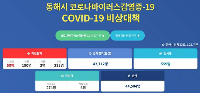동해시 인터넷 홈페이지 코로나19 발생 현황 캡처 화면.