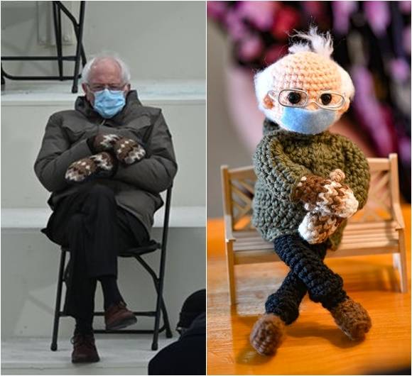 버니 샌더스 의원의 조 바이든 대통령 취임식날 복장을 표현해낸 뜨개질 인형이 지난 26일 온라인 경매 사이트에서 2만300달러에 낙찰됐다. 이 인형을 만든 토비 킹은 열성적인 샌더스 지지자다. AP=연합뉴스
