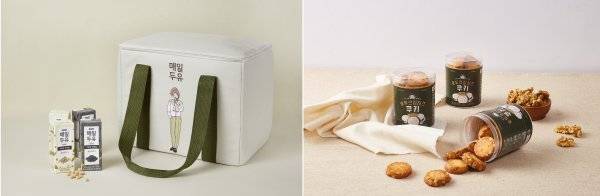 매일두유x알비백 기획 패키지(왼쪽), 밀가루와 설탕 없이 만든 무화당 호두크림쿠키. 사진제공｜매일유업