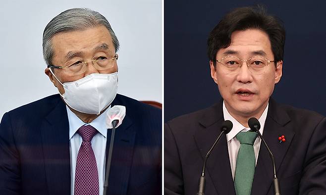 김종인 국민의힘 비상대책위원장(왼쪽), 강민석 청와대 대변인. 연합뉴스
