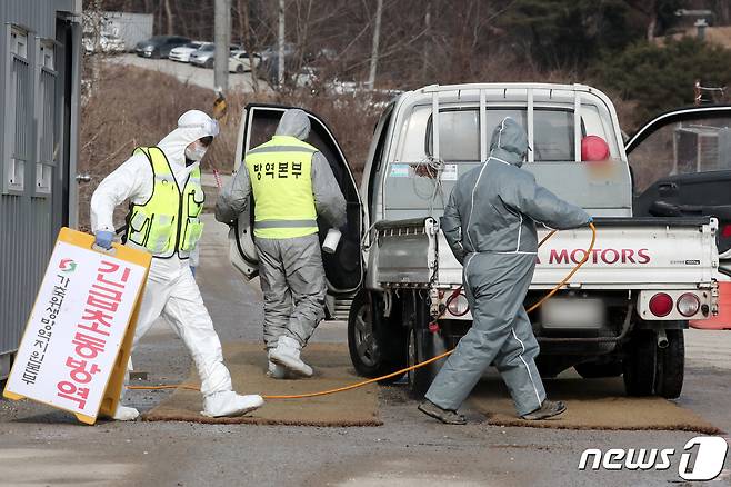 25일 고병원성 조류인플루엔자(AI)가 검출된 경기도 화성시 양감면의 산란계 농장에서 방역 관계자들이 출입차량을 소독하고 있다. 뉴스1 © News1 조태형 기자