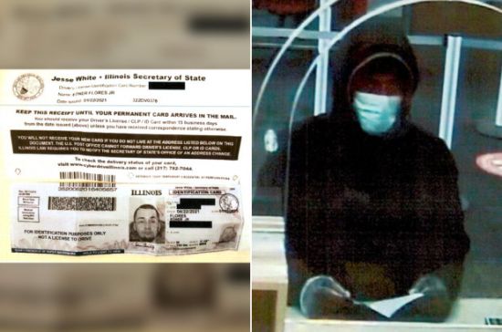 시카고의 한 은행을 털러 들어간 강도(오른쪽)가 범행 중 직접 은행원에게 건넨 진짜 신분증(왼쪽). 사진출처 = CBS시카고 보도 캡처