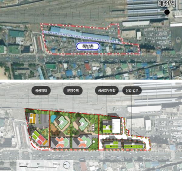 대전역 쪽방촌 위치도와 정비계획 중 토지이용구상안 / 자료=국토교통부·대전시
