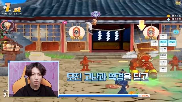 게임 '테일즈런너'를 즐기는 방탄소년단 멤버들의 모습. 브이라이브 '달려라방탄' 화면 캡처