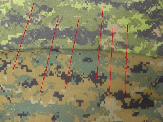 캐나다군의 CADPAT(위)과 미국 해병대의 MARPAT(아래)은 서로 다르지만, 군데군데 똑같은 무늬가 있다. [International Association of Combat & Military Collectors]
